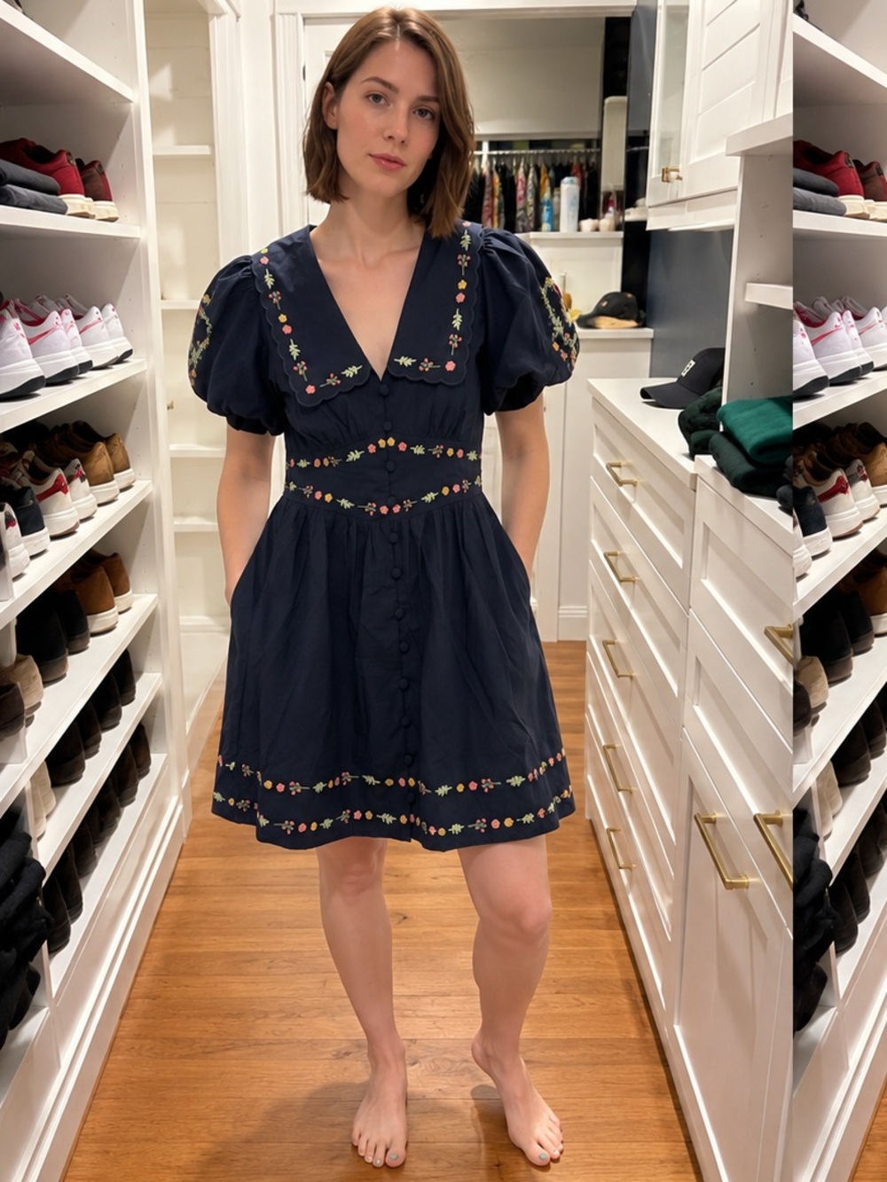 NWT Caroline Constas Navy Embroidered Puff-Sleeve Buttoned Mini Dress Size 4